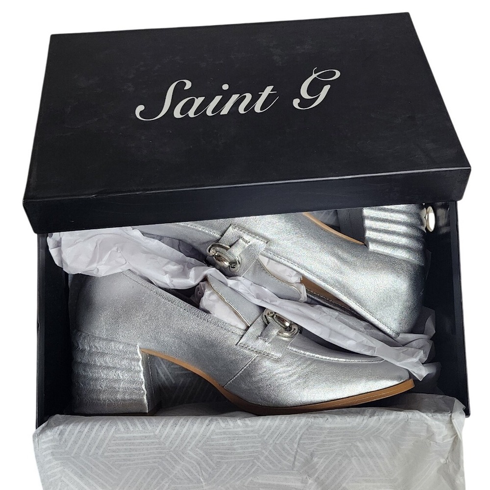 Saint G Valentina Silver Metallic Loafer Heels EU 40 US 10 Block Heel Bit Detail